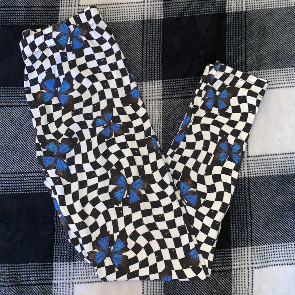 Blue Butterfly & Checkered Print Leggings
